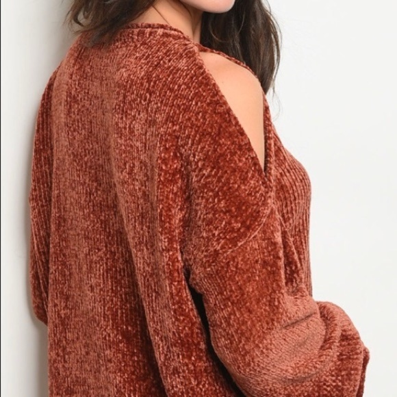 Cinnamon spice cold shoulder  CHENILLE SWEATER - Picture 2 of 4